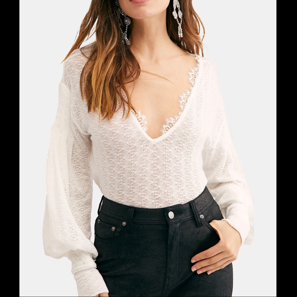 Free People Dream Girl V-Neck Bishop-Sleeve Top